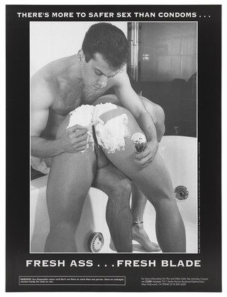 A naked man shaving the bottom of another standing in a bath with a razor; advertisement for safe sex to reduce the risk of HIV by the Core Program. Lithograph by Charles R. Moniz.