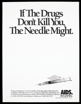 A condom packet and a syringe representing a warning about the dangers of sharing needles when taking drugs to reduce the risk of AIDS by the State of California AIDS Education Campaign. Lithograph.