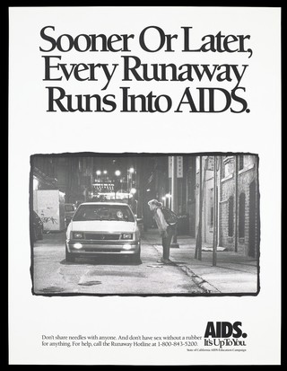 A prostitute approaches a man in a car; advertisement by the State of California AIDS Education Campaign. Lithograph.