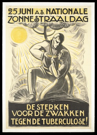 A strong man supporting a weak and emaciated woman; representing the work of the Zonnestraal sanatorium for the tuberculous. Colour lithograph by A. Hahn, 1932.