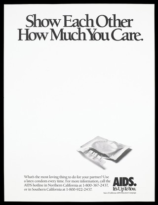 An opened condom packet representing an advertisement for safe sex to reduce the risk of AIDS by the State of California AIDS Education Campaign. Lithograph.