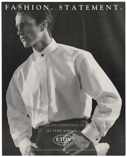 A male modelling the Stop AIDS shirt by Eton of Sweden. Lithograph.