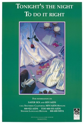 A silk night dress, boxer shorts, a pair of men's shoes, a man's watch, a rose, candles, a plate of strawberries, a condom and a tube of lubricant; advertisement for safe sex by the AIDS Project Los Angeles. Colour lithograph by Pete McArthur, 1993.