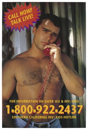 A bare-chested man holding a red phone to his ear; advertisement for the AIDS hotline by the AIDS Project Los Angeles. Colour lithograph, 1993.