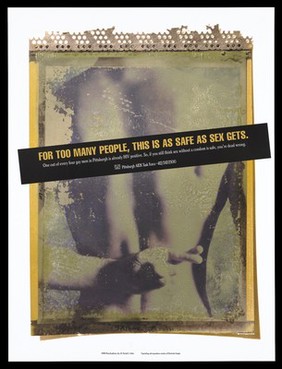 The bare chest of a man with his fingers crossed representing a warning to gay men about practising safe sex; advertisement by the Pittsburgh AIDS Task Force. Colour lithograph by PhotoSynthesis, Inc., 1994.