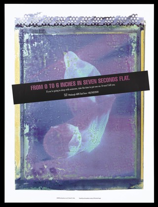 An extended condom with a warning about the importance of using a condom when having sex; advertisement by the Pittsburgh AIDS Task Force. Colour lithograph by PhotoSynthesis, Inc., 1994.