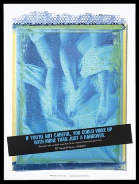 Two pairs of legs entwined in bed sheets; advertisement for safe sex by the Pittsburgh AIDS Task Force. Colour lithograph by PhotoSynthesis, Inc., 1994.