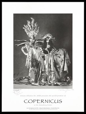 Two figures in elaborate costume design advertising the world premier of the musical, Copernicus at the Annenberg Center by the Artists Alliance for AIDS. Lithograph by Zave Smith, 1994.