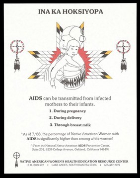 A native American woman holding a baby over her shoulder against a graphic backdrop representing an advertisement for the Native American Women's Health Education Reource Center in South Dakota. Colour lithograph.