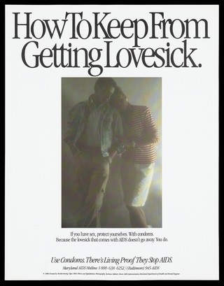 A woman in a red striped top leans on the shoulder of a man representing a lovesick couple with a warning to use condoms to prevent AIDS; advertisement for the Maryland AIDS hotline. Colour lithograph by Barbara Talbot, 1988.