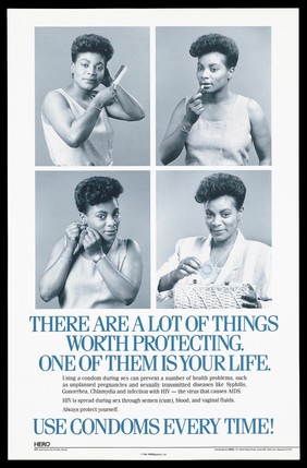 A black woman preparing to go out by brushing her hair, applying lipstick, attaching an earring and putting a condom in her bag with a message about the benefits of using a condom to prevent AIDS; advertisement by HERO, Health Education Resource Organisation, Baltimore. Lithograph by HEROglyphics, 1990.