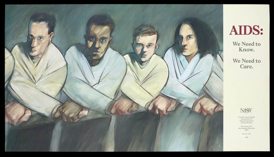 People in dressing gowns crossing their arms to join hands with each other; a public service message about the need to know about AIDS by the National Association of Social Workers. Colour lithograph.