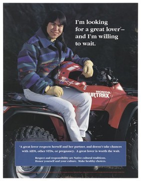 An Alaskan man sitting on a red Honda 4-wheeler motorbike representing a man looking for a lover; warning about the risk of AIDS by the Alaska Native Health Board. Colour lithograph by Sam Kimura, 1992.