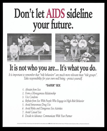 The Vermont gymnastic team sitting on benches with a list of safe sex practices; advertisement by the UVM Wellness Promotion Program of the Student Health Center of Vermont. Lithograph.