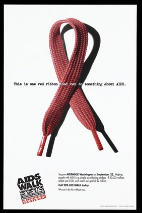 A red lace representing the AIDS red ribbon; advertisement for the AIDSWALK in Washington on Saturday, September 23, 1995. Colour lithograph by Annie Adjchavanich and Audrey Denson, 1995.