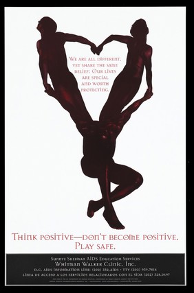 Three figures leaning out with their arms joined representing a warning about HIV; advertisement for the Sunnye Sherman AIDS Education services available from the Whitman-Walker Clinic, Washington. Colour lithograph by Annie Adjchavanich and Jayson Hait.