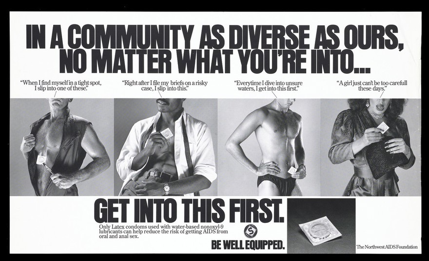 Three men and a woman holding condoms representing an advertisement for using latex condoms to reduce the risk of AIDS; advertisement by the Northwest AIDS Foundation. Lithograph.