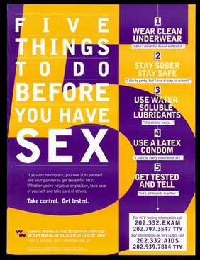 The number five in purple and yellow with a list of five things to do before you have sex; advertisement for Sunnye Sherman AIDS Education Services at the Whitman-Walker Clinic Inc., Washington by the DC Department of Human Services. Colour lithograph.