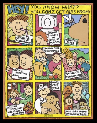 Cartoons illustrating ways in which you can't get AIDS including eating at restaurants and using toilets in public places; advertisement for the Minnesota AIDS Project by the Illinois Department of Public Health. Colour lithograph by Max.