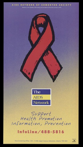 A red ribbon representing an advertisement for an information line by The AIDS Network. Colour lithograph.