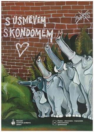 Five smiling elephants with condoms rolled on their trunks approving the use of condoms as a protection against AIDS. Colour lithograph after Studio Art, 1993.