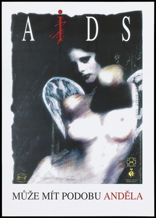 A naked woman angel as a temptress and the cause of the transmission of AIDS. Colour lithograph after A. Slavíček, 1994.