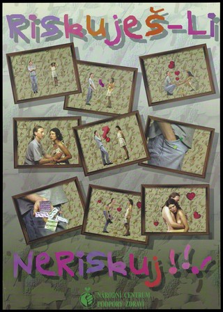 A young man and a young woman meet, form an attachment, and finally make love using a condom as a protection against AIDS: nine episodes. Colour lithograph after L. Svobodová, 1995.