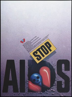 The disease AIDS represented as a hole in the road, the advice "Stop AIDS" as a warning not to fall into the hole. Colour lithograph after J. Chadima, 1988.