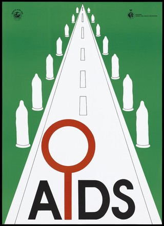 The road to the horizon is guarded by condoms, representing protection against AIDS. Colour lithograph, 199-.