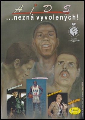 Three celebrities: Anthony Perkins (actor), Magic Johnson (basketball player), Freddie Mercury (singer); representing victims of AIDS. Colour lithograph after V. Rytina and M. Vojáček, 1994.