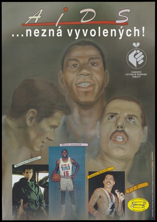 Three celebrities: Anthony Perkins (actor), Magic Johnson (basketball player), Freddie Mercury (singer); representing victims of AIDS. Colour lithograph after V. Rytina and M. Vojáček, 1994.