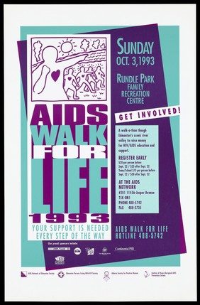 Silhouettes of figures with hearts walking representing an advertisement for the AIDS Walk for Life at Rundle Park Family Recreation Centre, Edmonton Canada, 3 Oct. 1993. Colour lithograph.