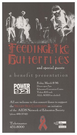 A group of figures in negative representing an advertisement for a benefit concert/dance to support the Smart Sex Campaign by the AIDS Network of Edmonton Society on Friday, March 8, 1996. Colour lithograph, 1996.