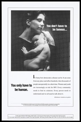 A woman holding a baby representing women at risk for HIV; as part of the Alberta HIV/AIDS prevention campaigns for young adults. Lithograph by Calder Bateman and Darklight Studios.