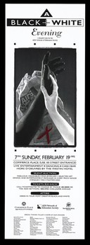 A woman's white arm touches the hand of a man's black arm with a red ribbon behind a crumpled newspaper representing an advertisement for a "black and white" gala evening for the AIDS Network of Edmonton Society on 19 February 1995. Lithograph.