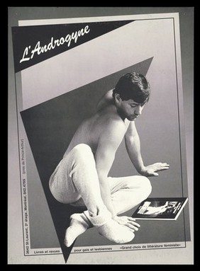 A man in leggings sits looking at a book on the floor advertising L'Androgyne, an organisation dedicated to gay and lesbian literature in Montréal, Quebec. Lithograph.