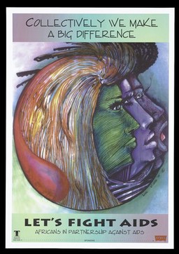 A sweep of hair incorporating three faces representing Africans in partnership against AIDS; advertisement by the City of Toronto Public Health, sponsored by Levis. Colour lithograph by Louie Kizito, 1995.