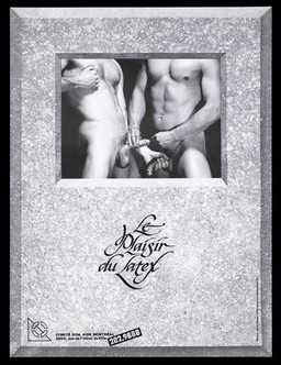 A naked man puts a condom on the penis of another man who holds his nipple against a mottled background; advertisement for safe sex by the Comité SIDA aide Montréal. Lithograph by Robert Laliberté and Robert Ouellet, 1989.