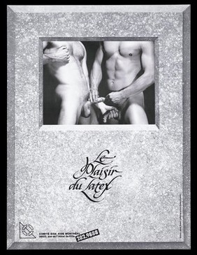 A naked man puts a condom on the penis of another man who holds his nipple against a mottled background; advertisement for safe sex by the Comité SIDA aide Montréal. Lithograph by Robert Laliberté and Robert Ouellet, 1989.