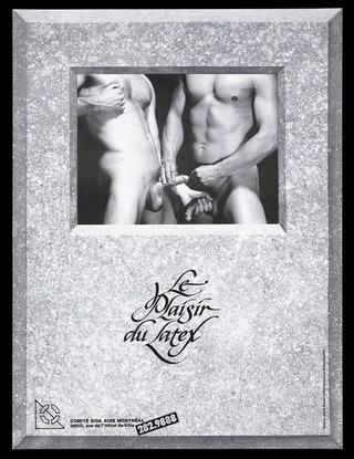 A naked man puts a condom on the penis of another man who holds his nipple against a mottled background; advertisement for safe sex by the Comité SIDA aide Montréal. Lithograph by Robert Laliberté and Robert Ouellet, 1989.