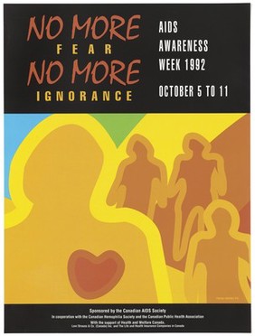 Silhouette of figure with heart with three other figures in background; an advertisement for AIDS Awareness Week October 5 to 11, 1992 by the Canadian AIDS Society. Colour lithograph by Tohu Bohu, 1992.