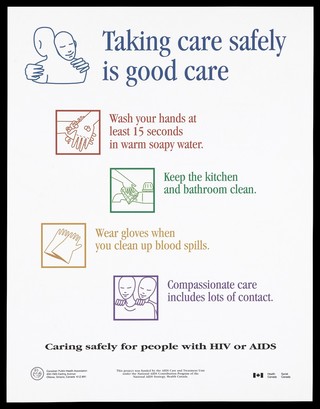 Two people hugging, with list of ways of taking care for people with HIV/AIDS. Colour lithograph for the National AIDS Strategy, Health Canada.