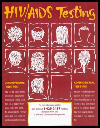 The backs of the heads of men and women representing an advertisement for anonymous HIV/AIDS testing and the AIDS hotline in Canada. Colour lithograph.