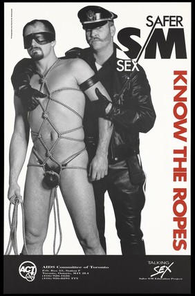 Two men dressed in sadomasochism gear with the letters S/M Safer Sex; part of the Talking Sex Safer S/M Education Project by the AIDS Committee of Toronto. Colour lithograph by Francis M. Patenuade.