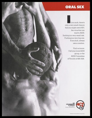 A man performing oral sex on another man representing an advertisement for safer sex by the AIDS Committee of Toronto. Colour lithograph by Norman Hatton, 1988.