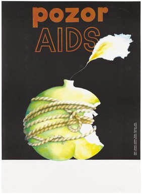 An apple that has been bitten into is tied up with a knotted rope to prevent further bites; representing precautions against AIDS. Colour lithograph after R. Vlachová, 1993.