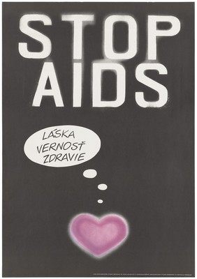 A pink heart dreaming of love, faithfulness, and health in the face of epidemic illness from AIDS among gay men. Colour lithograph after M. Dubnický, 1991.