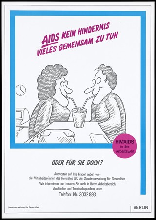 Two colleagues, a woman and a man, sharing a drink in the office, promoting access to information on HIV/AIDS at workplace. Coloured lithograph by Roloff, 199-.