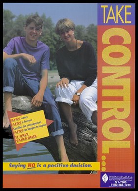 A boy and girl sit on a tree trunk over in a lake setting representing a warning to young people about AIDS; advertisement by the Perth District Health Unit in Canada. Colour lithograph.