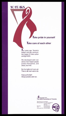 A red ribbon with a message to keep up the fight against AIDS by the AIDS Committee of Toronto. Colour lithograph, 1993.